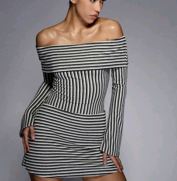Striped Bardot Long Sleeve Mini Dress With Flippy Hem - Picture 1 of 4